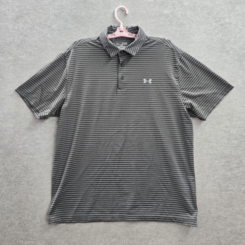 Under Armour Men Polo X Gray Striped Activewear Logo Short Sleeve HeatGear Loose
